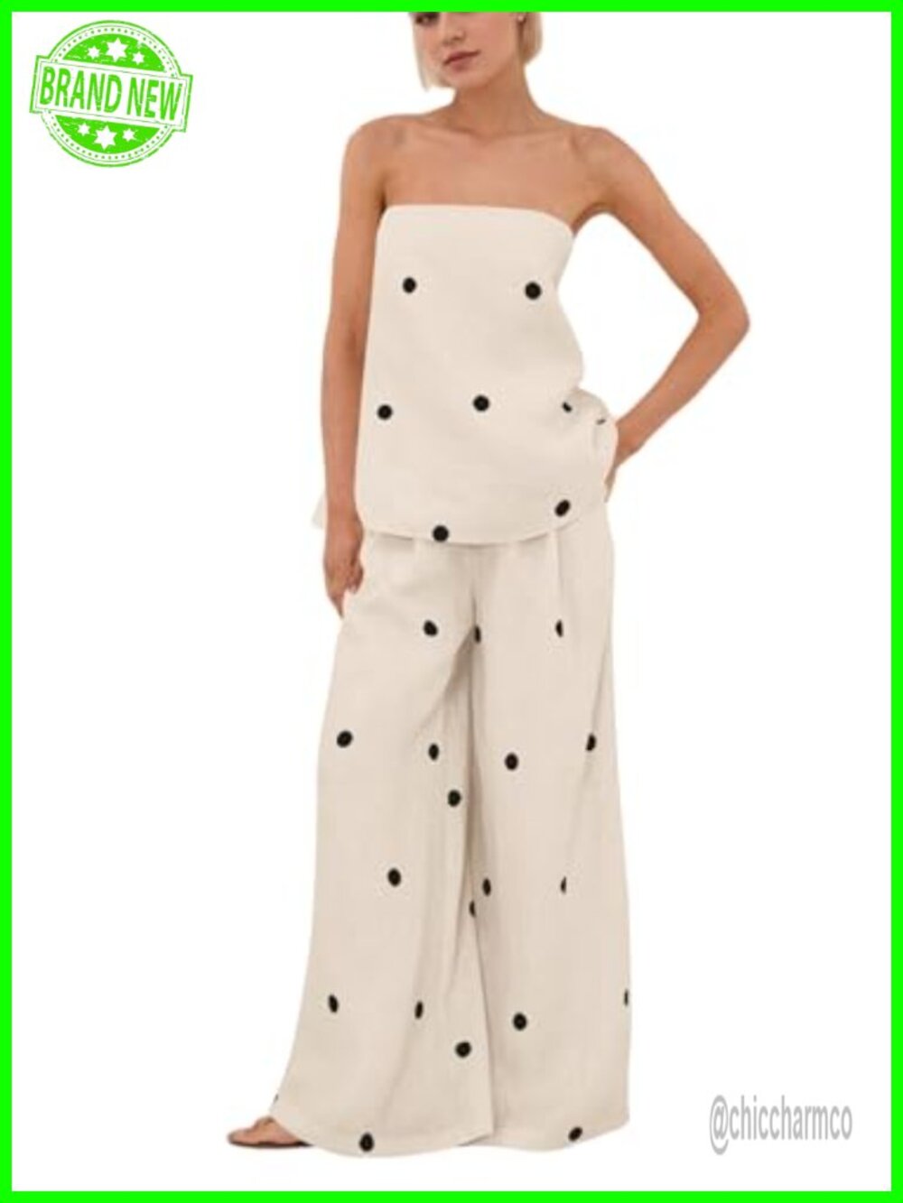 Polka Dot Strapless Tube Top Wide Leg Pants Lounge Set 2 Piece - Picture 1 of 6